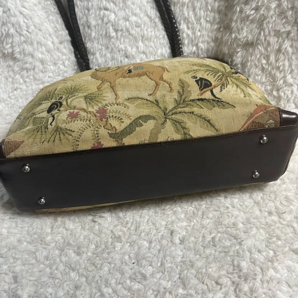 Brighton tapestry Safari prints large shoulder bag braided brown leather straps